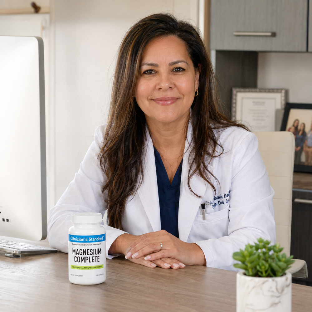 Health professional holding Magnesium Complete